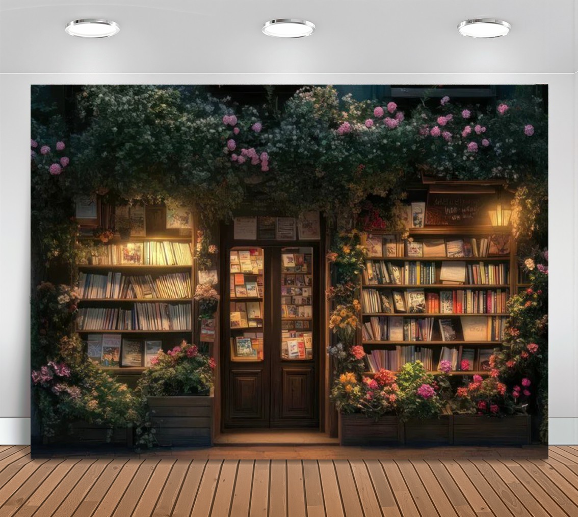 Lighting In Photography Book - ร้านหนังสือยามค่ำคืนในฤดูใบไม้ผลิ ตกแต่งด้วยดอกไม้ แสงไฟ ดอกไม้ หนังสือ ฉากหลังไม้