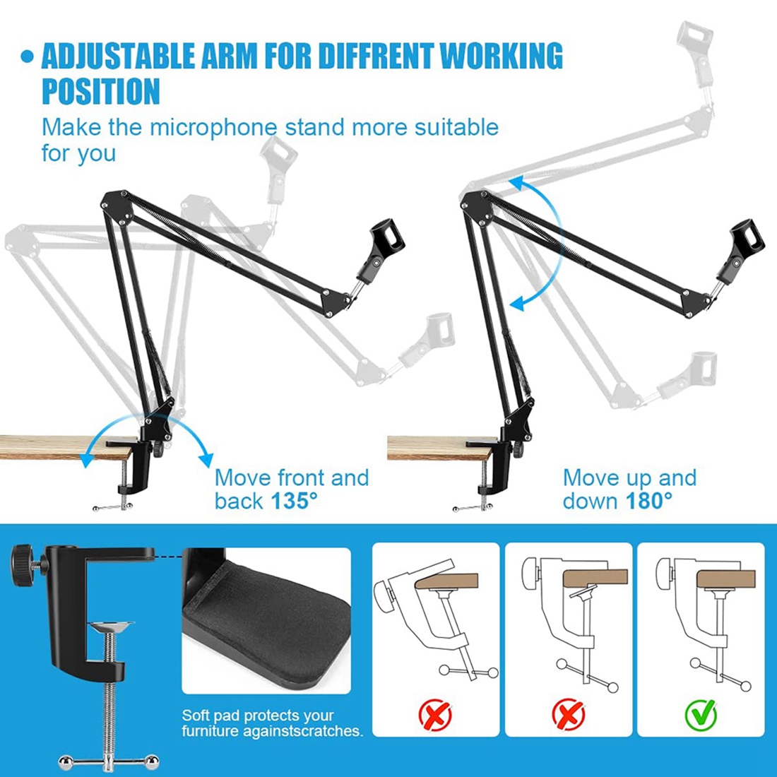 Boom Arm Stand - ขาตั้งไมโครโฟน NALFI, ขาตั้งแบบปรับได้สำหรับติดตั้งบนโต๊ะ แบบแขนกรรไกร สำหรับไมโครโฟน Blue