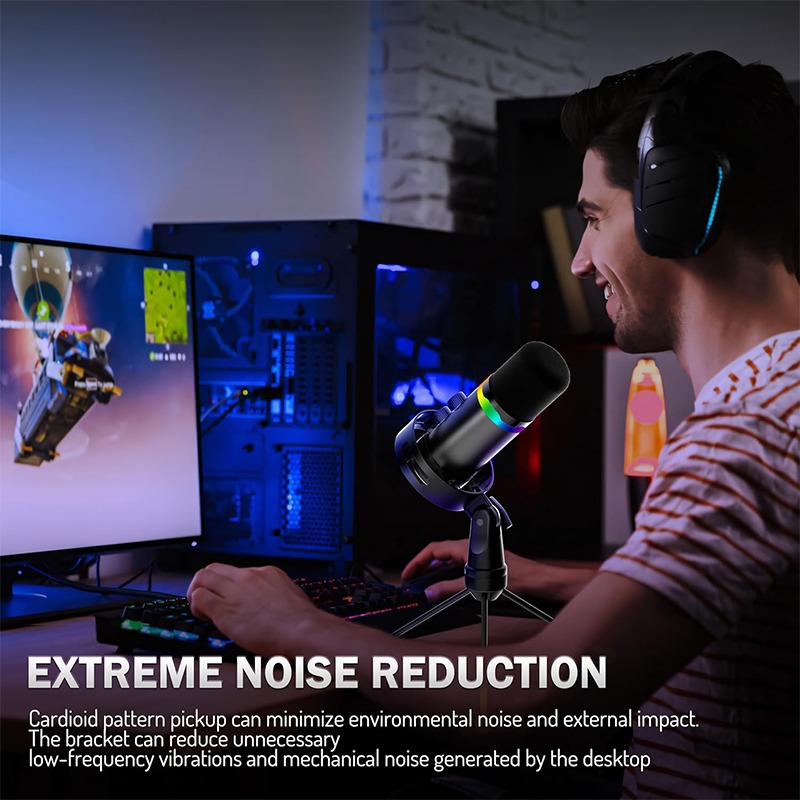 Boom Arm Stand - ไมโครโฟนเกมมิ่งแบบ USB พร้อมขาตั้งบูม ระบบตัดเสียงรบกวน ไมโครโฟนคอนเดนเซอร์ RGB